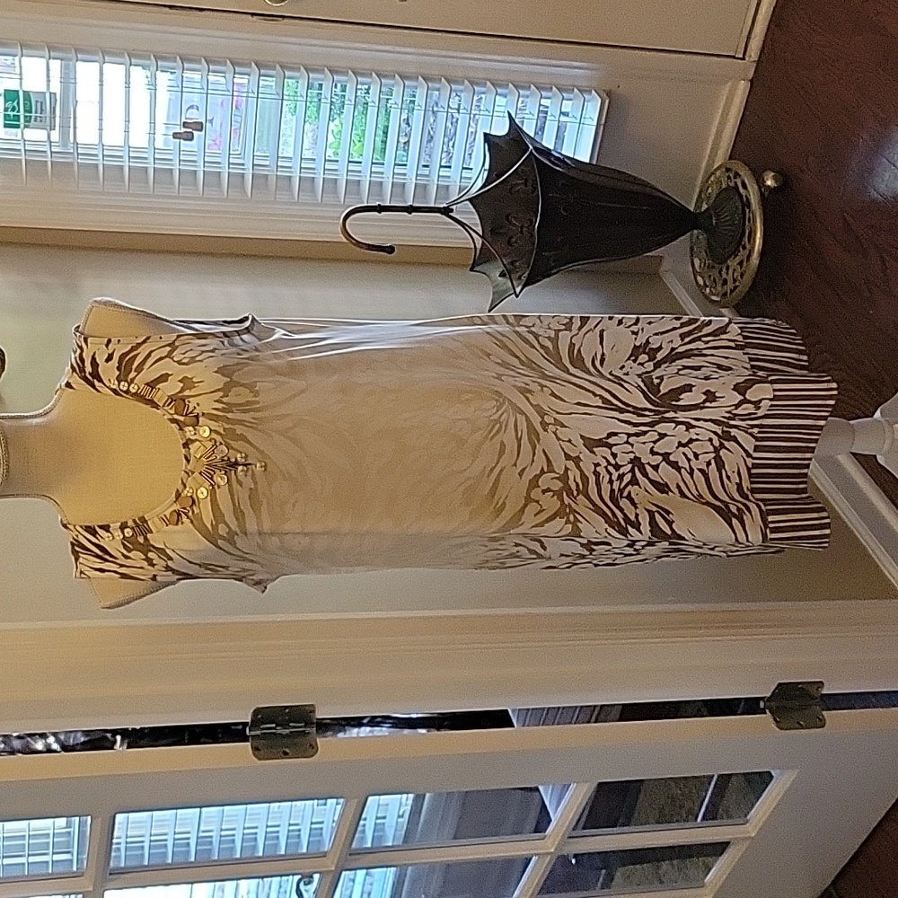 Ruby Rd beaded taupe cream white print & stripe sleeveless dress stretch L EUC …